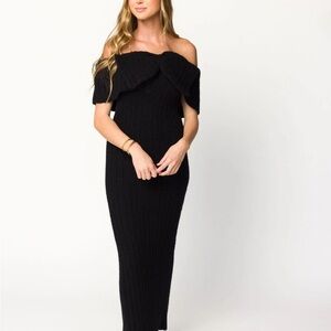 Worth Collective Aston Bow Maxi Sweater Dress Off-Shoulder Knit Dress- black, S